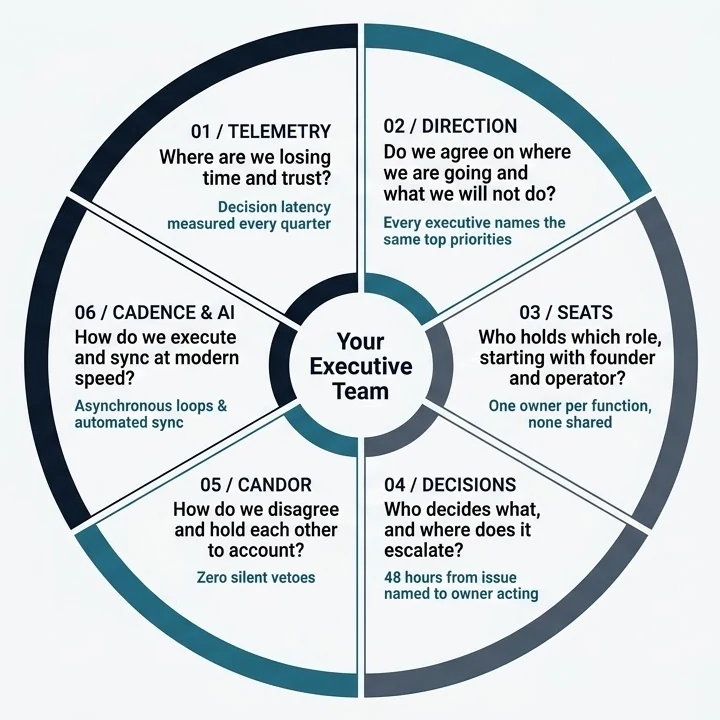 The KOS wheel: six dimensions of executive alignment around your executive team. 01 Telemetry, 02 Direction, 03 Seats, 04 Decisions, 05 Candor, 06 Cadence and AI.