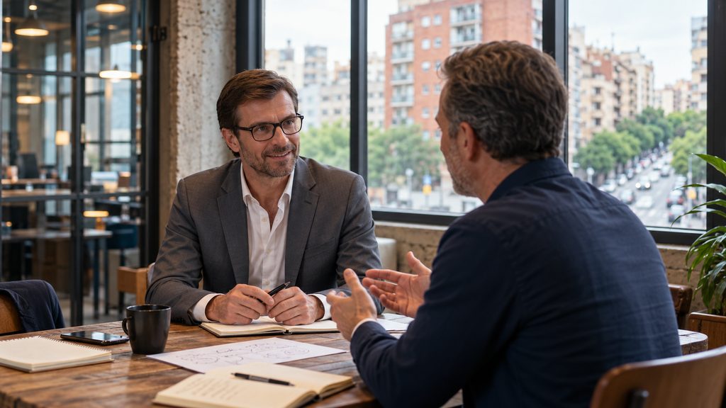 Dr. Sven Mulfinger conducting an executive strategic sparring session overlooking Barcelona