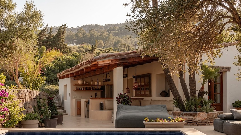 Secluded Catalonia masia retreat patio, dining area and covered outdoor kitchen